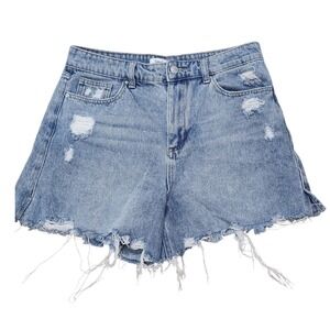 Simple Society Women's 28 Distressed High Rise Denim Shorts Frayed Hem